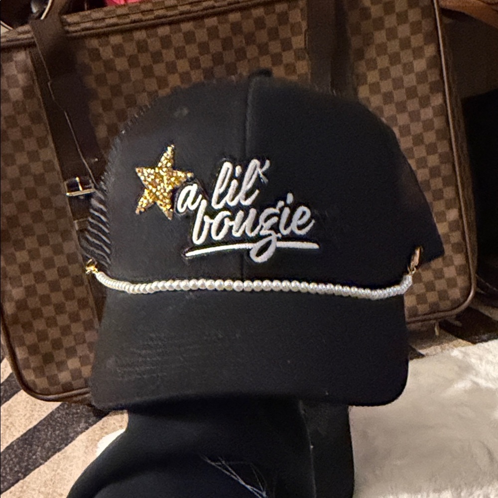 Black Cap with Gold Star and Pearl Detail